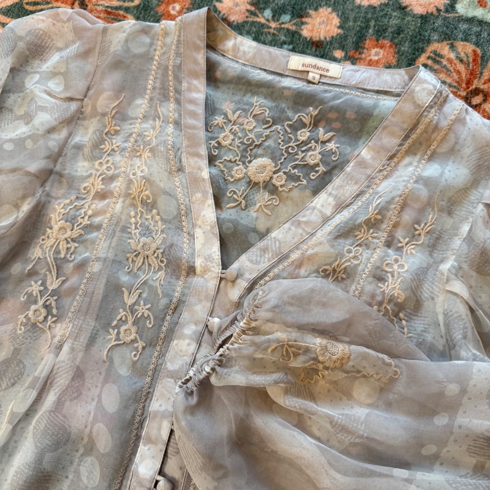 Sundance Womens 100% Silk Embroidered Button Front Blouse Sheer Boho Grey Small